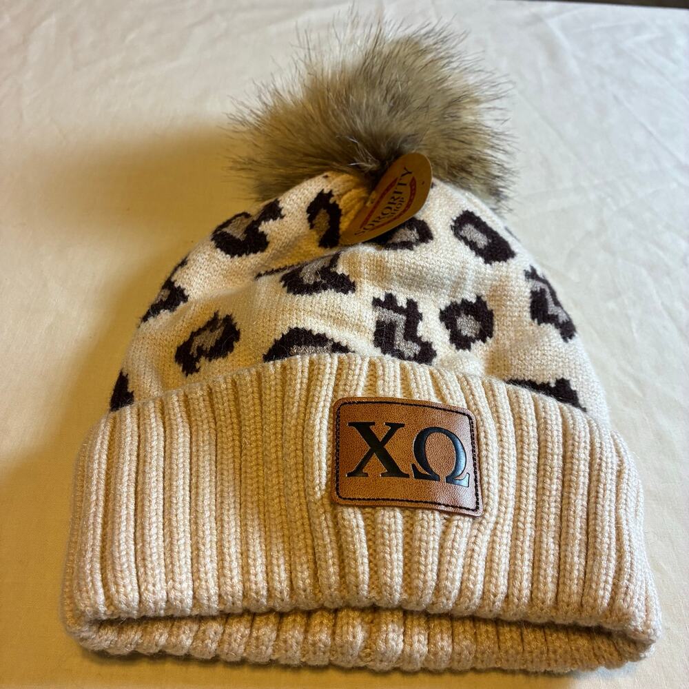 Chi Omega XO Leopard Print Pom Beanie Winter Knit Hat Faux Fur Pom Sorority